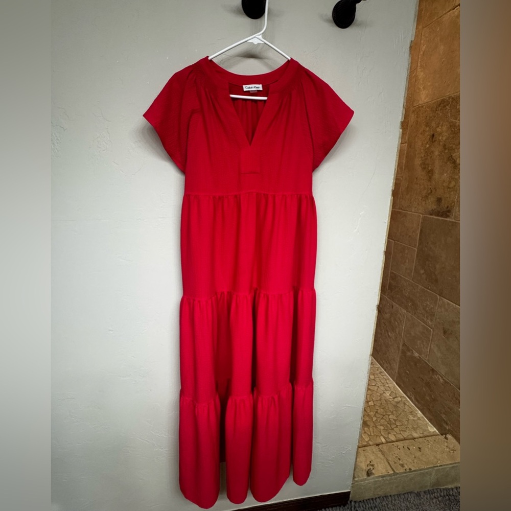 Calvin Klein Red V-Neck Dolman Sleeve Maxi Sundress